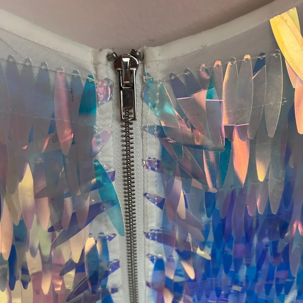 Iridescent Sequin Fringe Party Mini Body Con Dress M - Picture 11 of 16